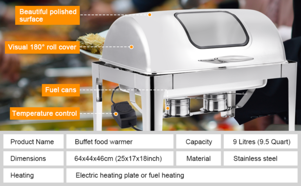 بوفيه تقديم طعام ستانلس ستيل كهربائي / شيفنغ دش  Electric Buffet Food Roll Top Chafing Dish Temp. Control Servers and Warmers with Cover , Pans 9.5Quart for ,  Buffet Commercial Food Warmer Steam Table , BULTIN