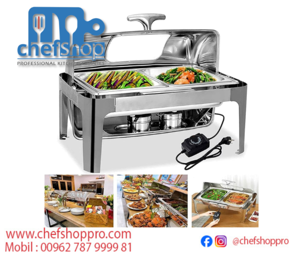 بوفيه تقديم طعام ستانلس ستيل كهربائي / شيفنغ دش  Electric Buffet Food Roll Top Chafing Dish Temp. Control Servers and Warmers with Cover , Pans 9.5Quart for ,  Buffet Commercial Food Warmer Steam Table , BULTIN