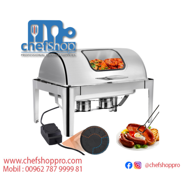 بوفيه تقديم طعام ستانلس ستيل كهربائي / شيفنغ دش  Electric Buffet Food Roll Top Chafing Dish Temp. Control Servers and Warmers with Cover , Pans 9.5Quart for ,  Buffet Commercial Food Warmer Steam Table , BULTIN