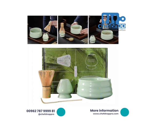 طقم تحضير الماتشا - 4 قطع Matcha Making Tool Set Bamboo Tea Whisk Tea Scoop Bowl Ceramic Tea Whisk Holder